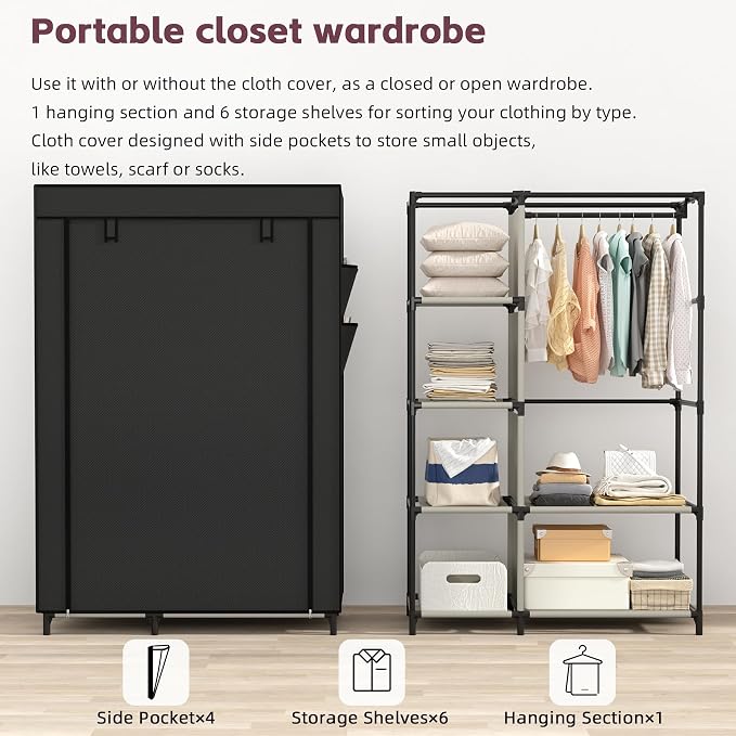 Calmootey Portable Closet Organizer, Space-Saving Storage System for Home | Sturdy Rod for Coats, 6 Shelves for Folded Clothes, 4 Side Pockets for Small Items, Non-Woven Dustproof Cover, Black