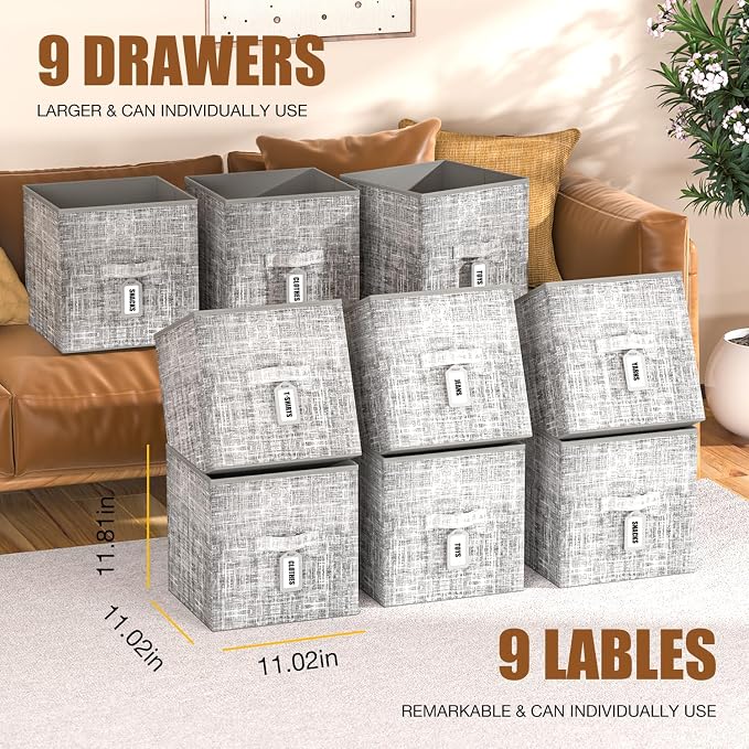 9 Cube Closet Organizer + 9 Bins + Labels | Adjustable Modular Storage Shelf, Beautiful Printed Cubby Organizer, Large Capacity, Living Room, Dorm, Yarn