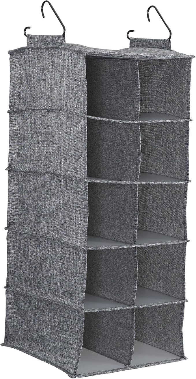 Household Essentials 10 Pocket Double Hang Canvas Shoe Organizer Side‑by‑Side Hanging Storage, Gray