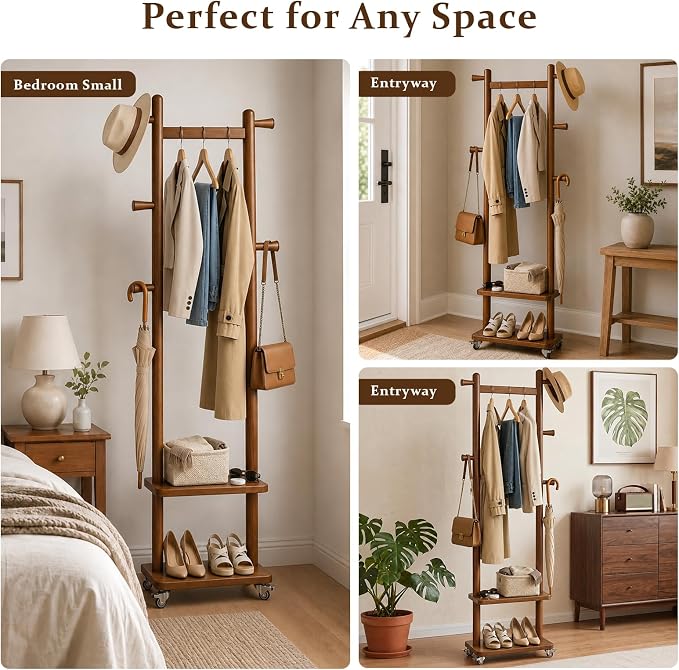 Taitiy Solid Wood Coat Rack Small Freestanding with Wheels 2 Shelves | Small spaces, solid rubberwood construction, 2 shelves and 5 hooks, ideal for bedrooms, entryways, apartments and homes