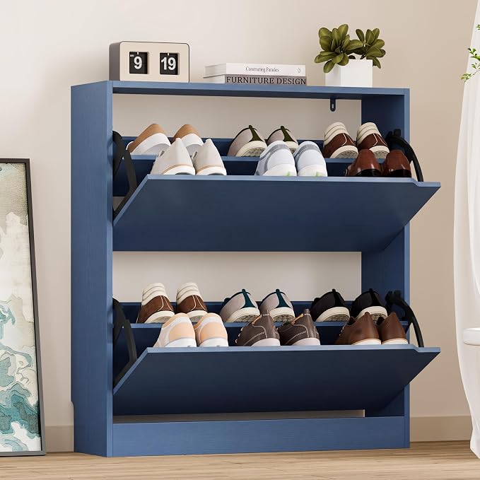 BORNOON Shoe Cabinet with 2 Flip Drawers, Slim Narrow Shoe Storage Cabinet, Freestanding Shoe Organizer with Adjustable & Removable Shelves, Top Display Shelf for Entryway, Hallway, Foyer, Closet