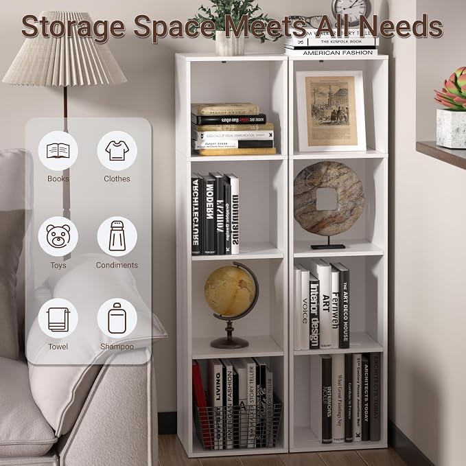 4 Cube Storage Organizer, Cube Shelf, Freestanding 4 Tier Open Shelf Bookcase for Home Office, Bedroom, Living Room, Study, White