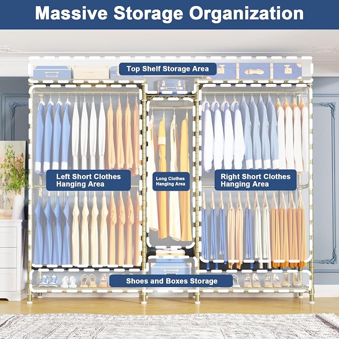 E12 Pro Clothes Rack，Heavy Duty Freestanding Garment Rack with Shelves，Metal Clothing Closet Storage System for Hanging Clothes，71" W x 16" D x 76.5" H, Hold 960 lbs，Gold