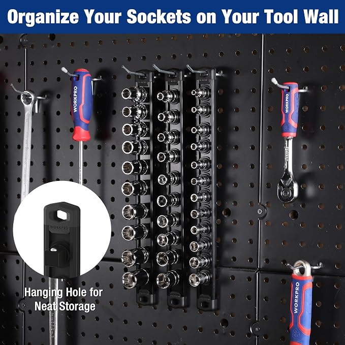 WORKPRO Magnetic Socket Organizer, Heavy Duty 1/2-Inch Drive Socket Rail | 1 Piece Socket Holder with 10 Spots, Aluminum Alloy, Rotatable & Movable Clips, Efficient Organization
