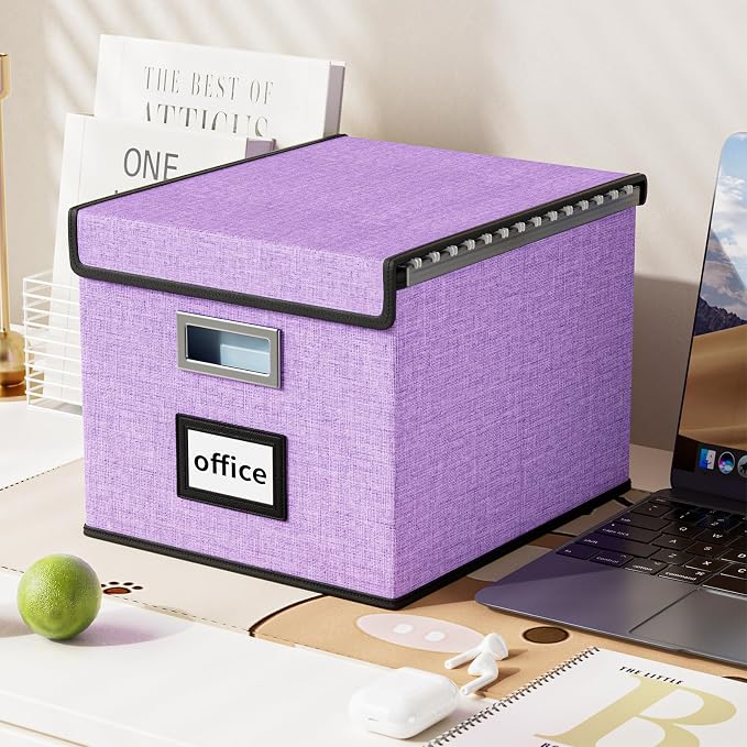 File Organizer Box with Lids, Collapsible File Folder Organizer | File Box with Plastic Slides for Document, Filing Bin for Letter Size Hanging File Folders (2 Pack, Dark Lavender)