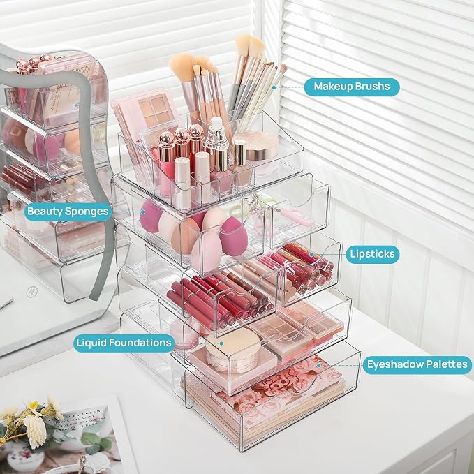 Vtopmart 5 Tier Clear Makeup Organizer with 6 Drawers | Smart Storage Layout, Clear for Better Visibility, Stackable, Large Capacity, for Makeup Lipstick Brush Skincare