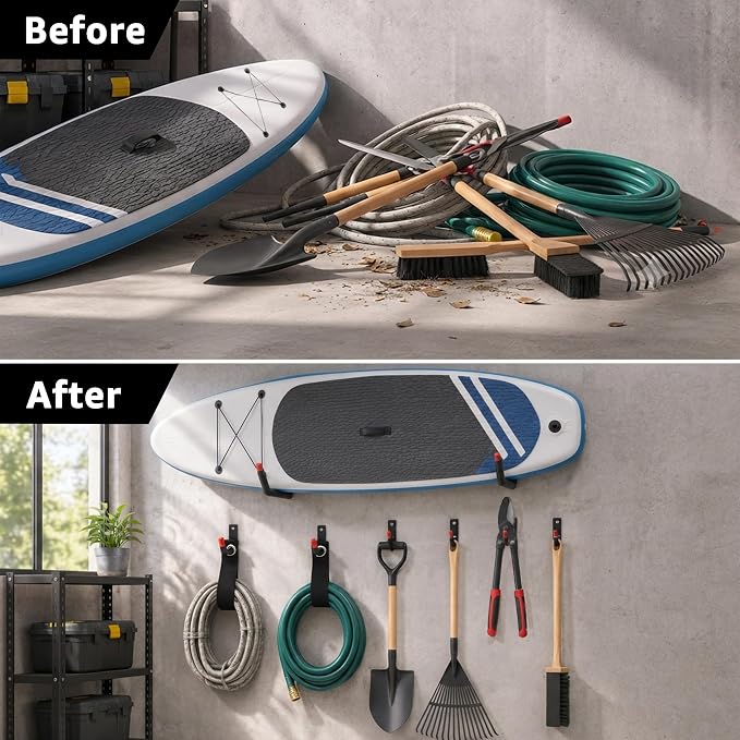 12-Piece Heavy Duty Garage Storage Hooks - 2x15” Jumbo Wall Hooks with Extended EVA Foam Padding (120 LB Capacity) + 4x3.5” Utility Hooks & 6 Storage Straps for Kayak, Paddleboard, Bike & Ladder