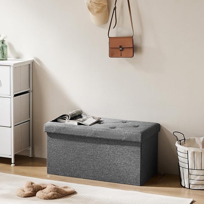 DUMOS 30 Inch Foldable Storage Ottoman Bench, Gray Ottoman with Storage | End of Bed Foot Stool with Foam Padded Seat, Linen Fabric Hidden Storage Chest for Bedroom, Living Room, Loads 660 LBS