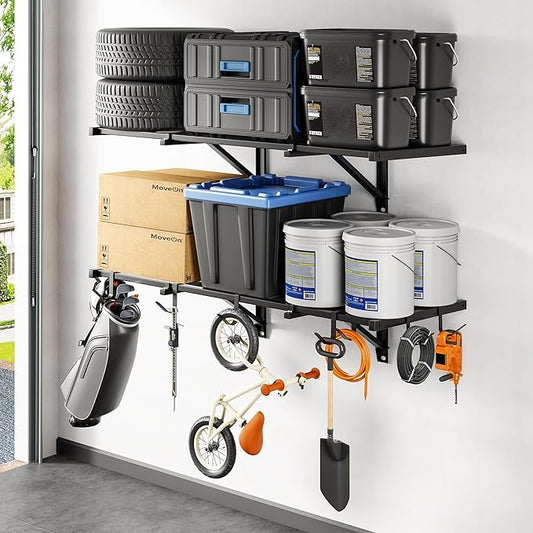 FLEXIMOUNTS 2-Pack 2x4ft Garage Wall Shelving, 8 Hooks, Heavy Duty, Black | Heavy Duty Garage Shelving Wall Mounted, 400lbs Capacity, Storage for Power Tools, Garden Supplies, Storage Bins, Lite Series