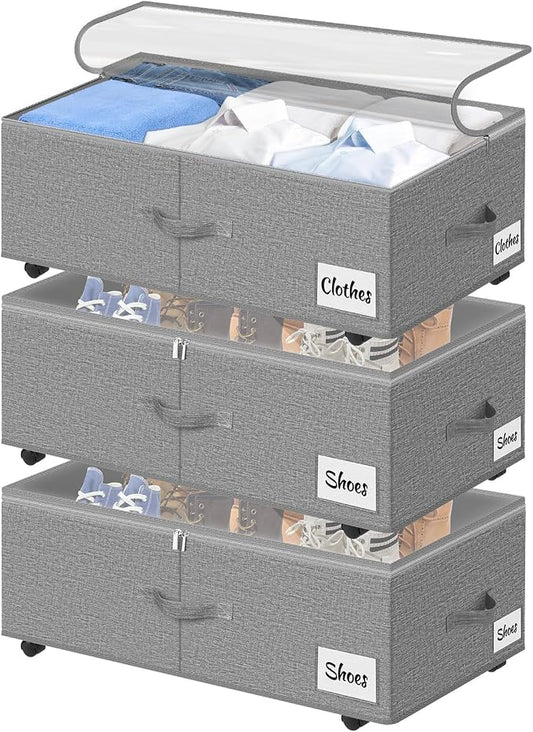 Under Bed Storage with Wheels, 3-Pack 10" Height XXL 75L Rolling Storage Bins, Quick Assembly Underbed Shoe Storage Containers with Clear Lid & Label, Dorm Under Bed Drawers for Clothes, Shoes, Grey
