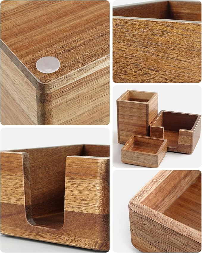 Acacia Wood Desk Organizer Set with Sticky Note Holder, Pencil Pen Cup & Paper Clip Storage, Office Desk Accessories for Marker Craft (Set of 3)