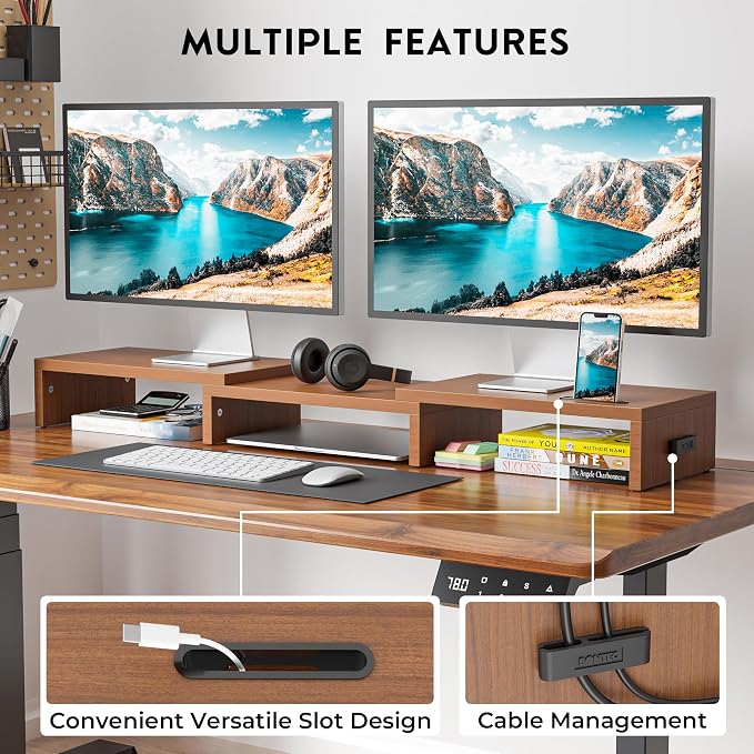 BONTEC Dual Monitor Stand Riser, Adjustable Length & Swivel Angle, Walnut | Ergonomic Wooden Desktop Organizer with Smartphone Holder, Computer Monitor Stand for PC, Laptop, Printer and Large Storage
