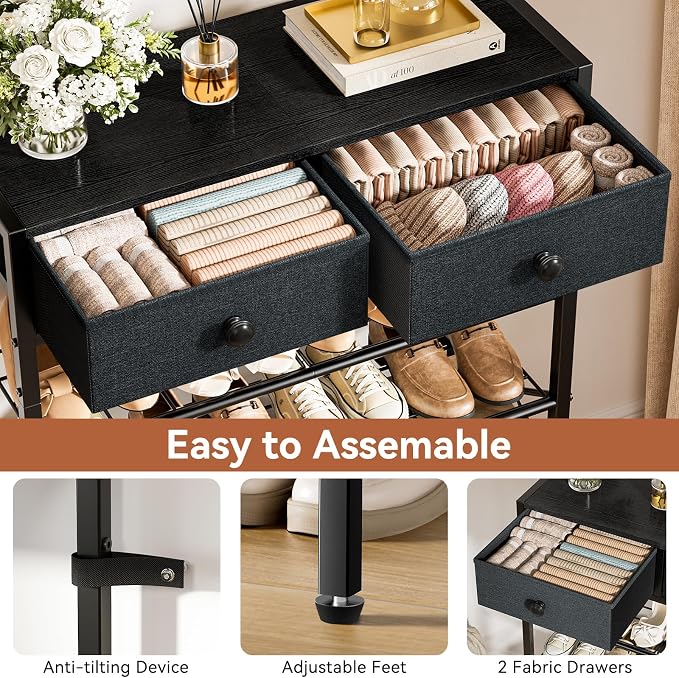 5 Tier Shoe Rack with 2 Drawers, 16-20 Pairs Black Grey | Holds 16-20 pairs. 2 drawers for socks/keys. Removable layer for boots. Anti-tip kit included. Quick assembly.