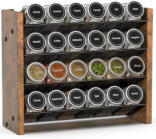 NESAPTO Spice Rack Organizer for Cabinet, Wood 4-Tier Vertical Seasoning Organizer, Wall Mount or Countertop Spice Shelf, Holds 24 Jars (No Jars Included), 12.2" W x 9.4" H