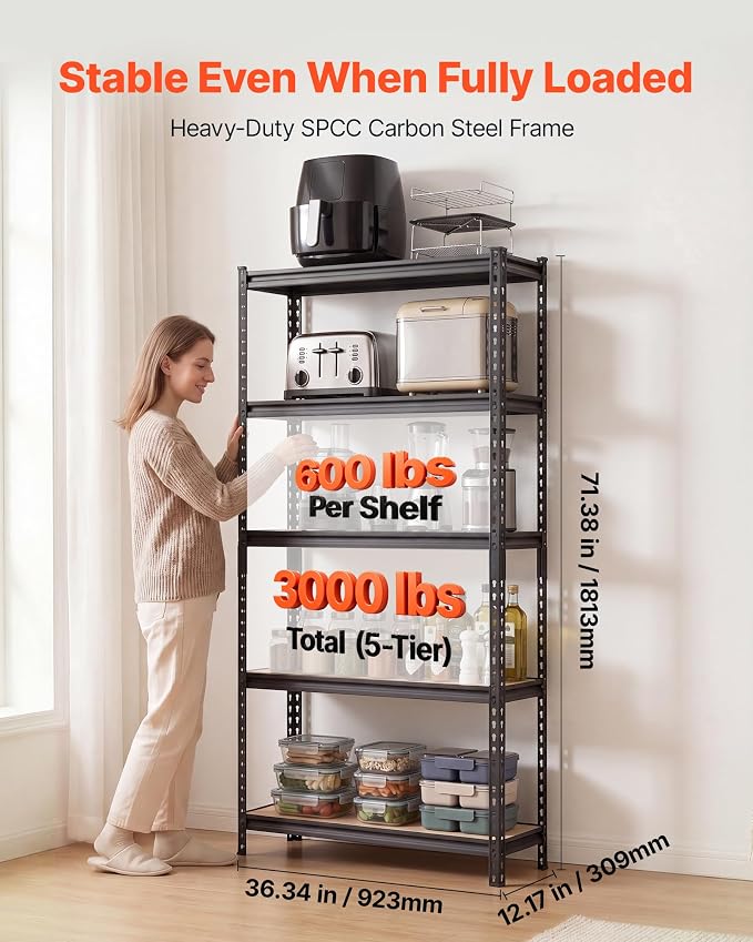 VEVOR Storage Shelves, 5-Tier Adjustable, 3000 lbs Capacity, Heavy Duty Garage Storage Shelving Unit, Metal Utility Rack Shelf, for Kitchen Pantry Basement Bathroom, 36.34" W x 12.17" D x 71.38" H