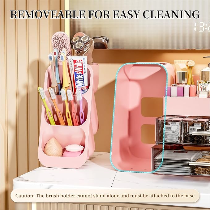 Makeup Organizer with Drawers for Vanity Bathroom Counter Organizers and Storage, Large Skincare Organizer with Brush Toothbrush Holder for Perfume, Nail Polish, Dresser, Office Supplies, Pink