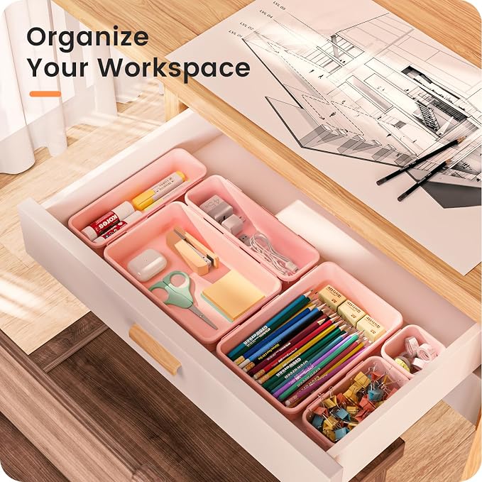 【Military Grade】A-LuGei Drawer Organizer,【𝟱𝗦𝗶𝘇𝗲】Makeup organizer,【Holds 177 Items】Bathroom Organizers and Storage,Organization and Storage,Desk Drawer Organizer for Vanity【Pink】