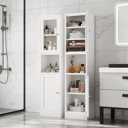 67" Tall Narrow Storage Cabinet with Glass Door and Open Shelf,Metal Pantry Cabinet with Adjustable Shelves,Shaker Style Slim Cabinet for Bathroom Kitchen Small Spaces, White, 1Pc
