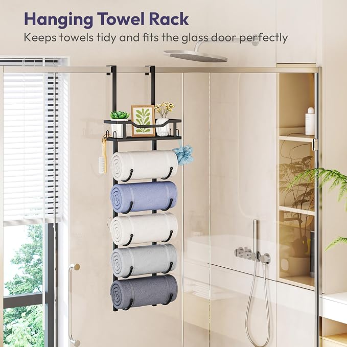 SWTYMIKI Over the Door Towel Rack - 6 Tier Towel Racks for Bathroom Wall Mounted, Towel Holder with Shelf, Hanging Rolled Towel Storage Organizer for Small Bathroom, Camper, RV, Black