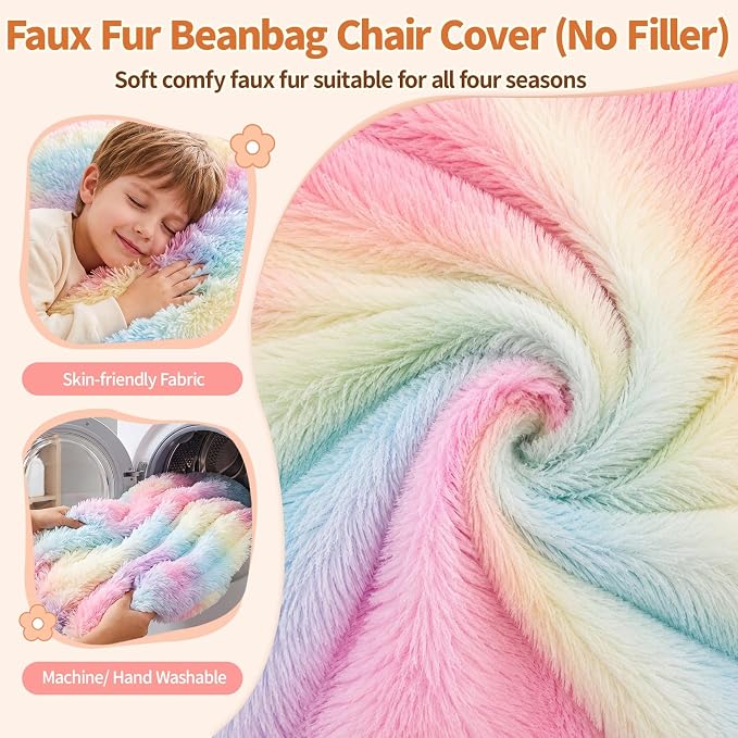 Stuffed Animal Storage Bean Bag Chair Cover, Soft Bean Bag Cover | Fluffy Faux Fur Stuffed Animal Storage Chair, Non-Slip Bottom, Fill with Plush Toys or Blankets, for Adults Teens Kids Girls