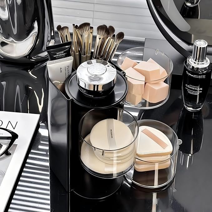 Azurphoric Hair Accessories Organizer with Hair Brush Holder(Black,3-Layer) | Rotatable Makeup Brush Holder for Necklaces, Earring, Bracelet, Ring, Makeup Brushes, Hair Clip and Hair Accessories