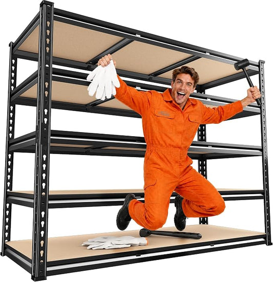 REIBII 3080LBS Garage Shelving for Warehouse, 5 Tier Heavy Duty Shelving | 48"W x 24"D x 72"H, 5-Tier Adjustable Shelves, Freestanding, Solid Steel Frame, Rust-Resistant, Tool-Free Easy Assembly