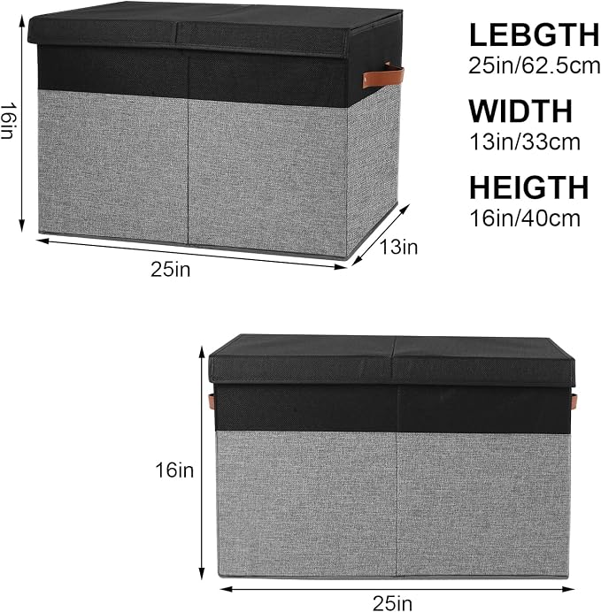 Large Toy Storage Box with Lid, Toy Chest Bin Boxes Basket with Dividers | Sturdy Toy Organizer Bin for Kids, Boys, Girls, Nursery, Living Room, Bedroom, Playroom 25"x13" x16"(Black and Grey)