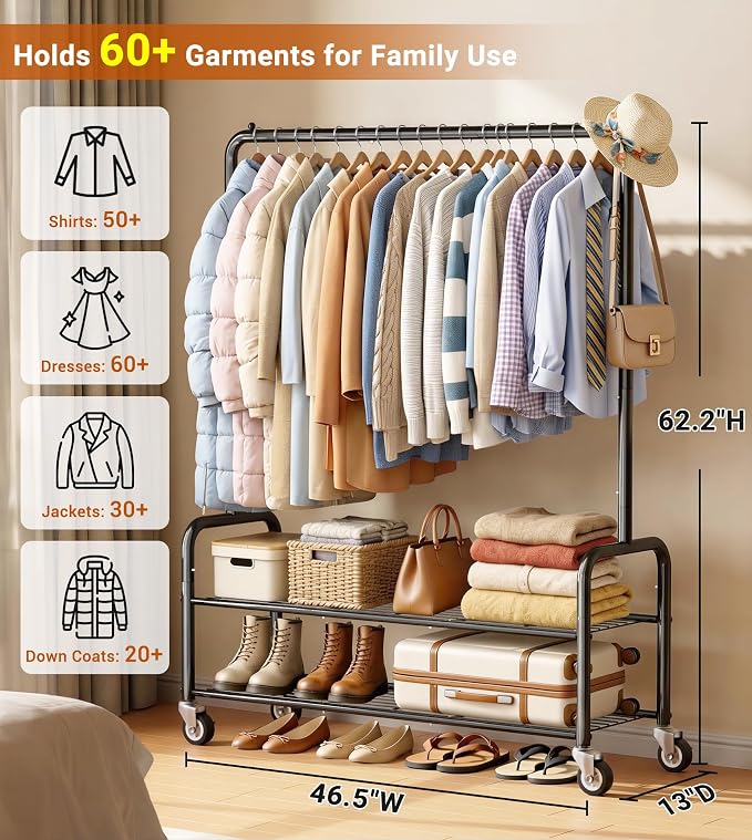 AOODA Heavy Duty Clothes Rack with Shelves, 46.5'' Metal Rolling Clothing Racks for Hanging Clothes, Wardrobe Garment Rack with Lockable Wheels for Coats, Shirts, Shoe Boxes (Black)