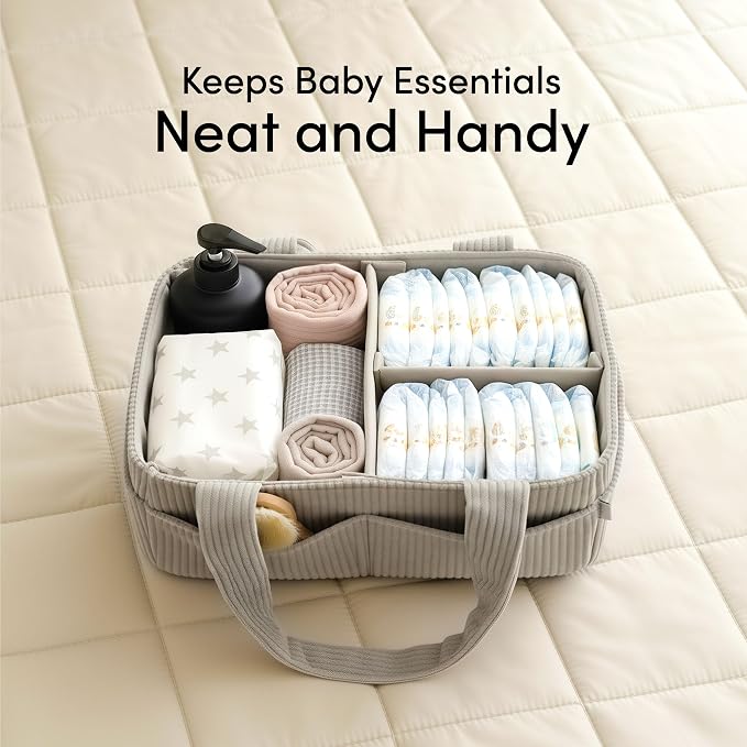 PUTSKA Baby Diaper Caddy Organizer, Nursery Basket, Gray Corduroy