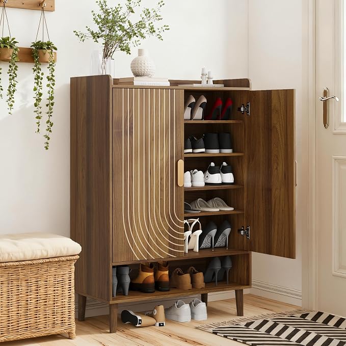 Smuxee Walnut Shoe Cabinet with Line Groove Design, 6-Tier Shoe Storage Cabinet with Adjustable Shelves, Freestanding Shoe Organizer Cabinet for Entryway, Hallway, Closet, Living Room