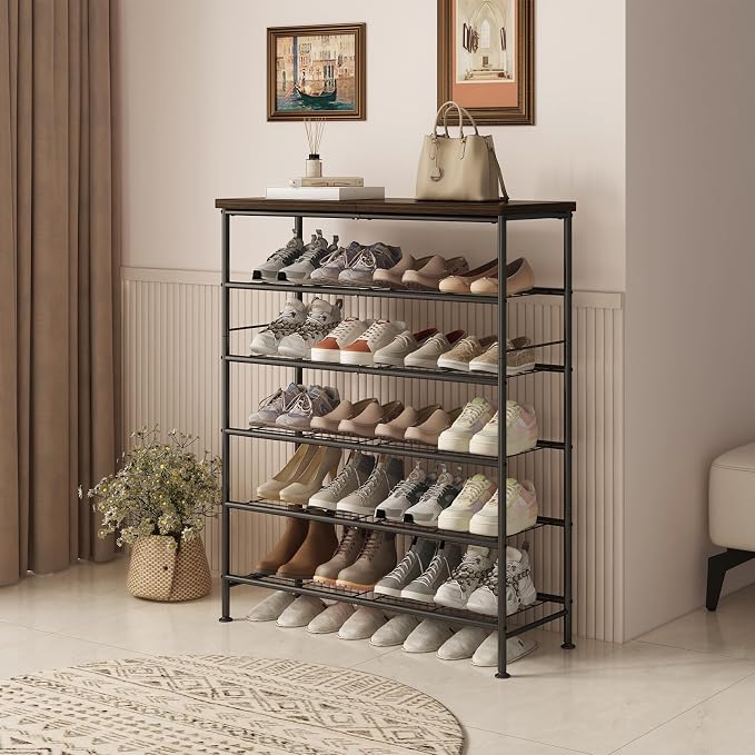 SUOERNUO 6 Tier Shoe Rack Organizer for Closet Shoe Storage for Entryway | Free Standing with MDF Top Board,Sturdy Metal Frame,Ideal for Living Room,Hallway Black