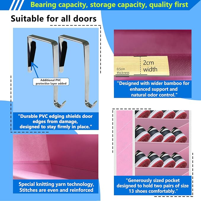 Over the Door Shoe Organizer, 20 to 30 Pairs Hanging Shoe Holder, Heavy Duty Extra Deep Pockets Shoe Storage for Closet, Anti-Scratch Hooks & FSC-Certified Bamboo - Pink