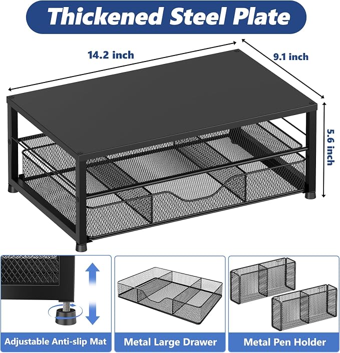 OPNICE Desk Organizer and Accessories, 2-Tier Computer Monitor Stand Riser with Drawer and 2 Pen Holders, Laptop Stand, Office Desk Accessories for Office Supplies, 2 Pack, Black