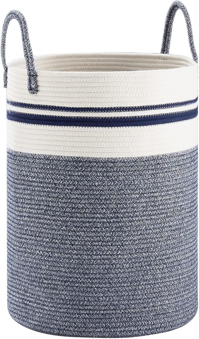Woven Rope Laundry Hamper Basket by YOUDENOVA, 58L Tall Luandry Basket, Baby Nursery Hamper for Blanket Storage in Bedroom-Large-Blue | Large Woven Laundry Hamper with Sturdy Handles, Collapsible Home Decor Laundry Basket for Laundry, Clothes, Toys in ...