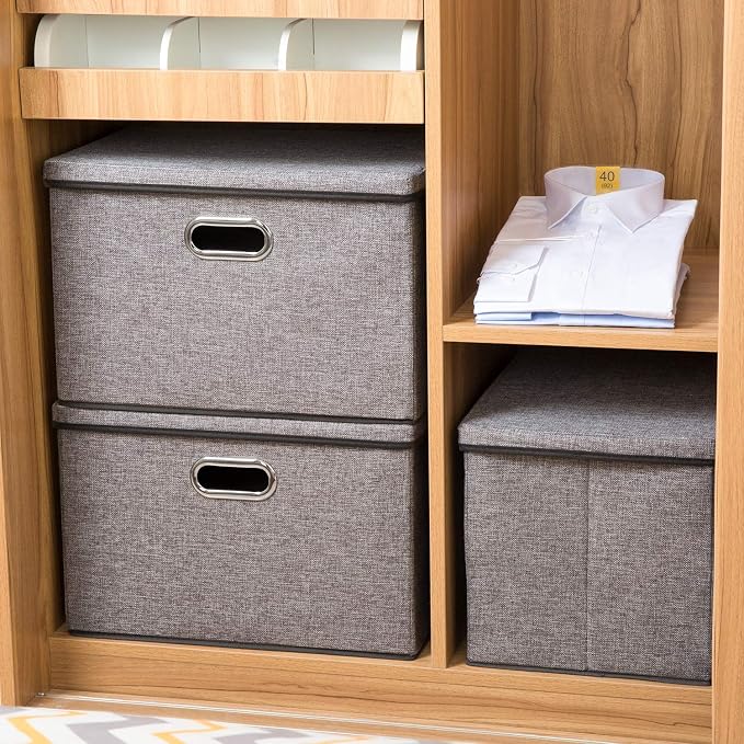 PRANDOM Large Collapsible Storage Bins with Lids [3-Pack] Linen/Cotton Blend Foldable Storage Boxes Organizer Containers Baskets Cube with Cover for Home Bedroom Closet Office Nursery(17.7x11.8x11.8)