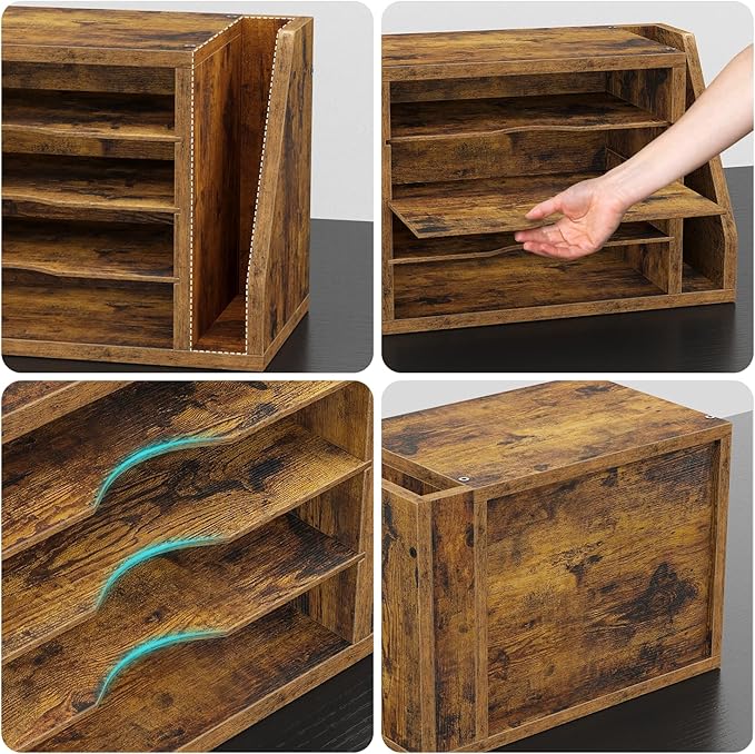 Wooden Mail Organizer, Desk Organizer with 3 Adjustable Shelves | Mail Sorter, File Organizer Desktop, Mail Holder for Home Office, Letter Sorter for Envelopes, Bills, Magazines, Rustic Brown