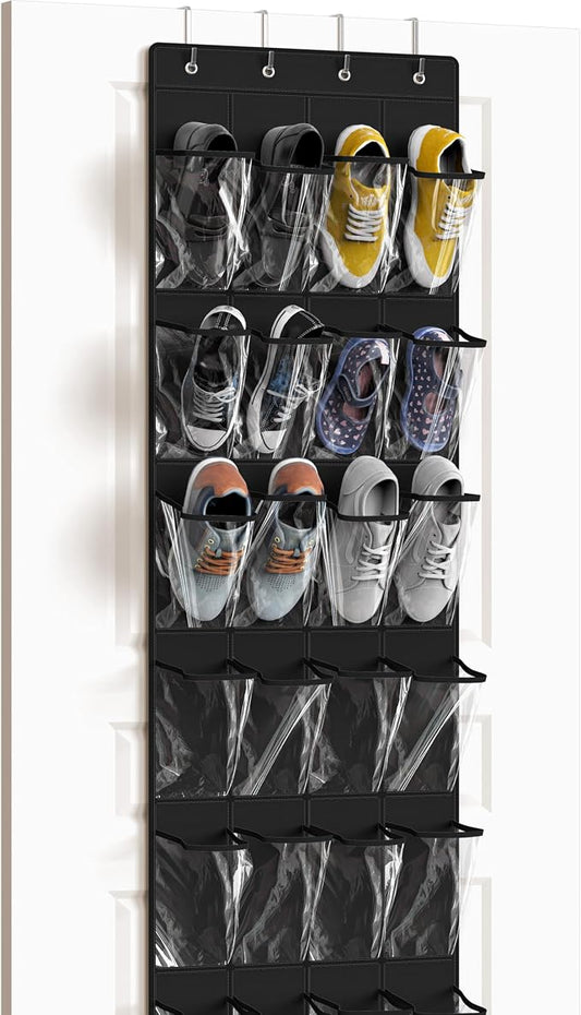 Simple Houseware 24 Pockets Clear Over the Door Shoe Organizer, Black | 64" x 19", 4 Durable Metal Hooks, 4.3" x 9.5" Pocket Size, Multipurpose
