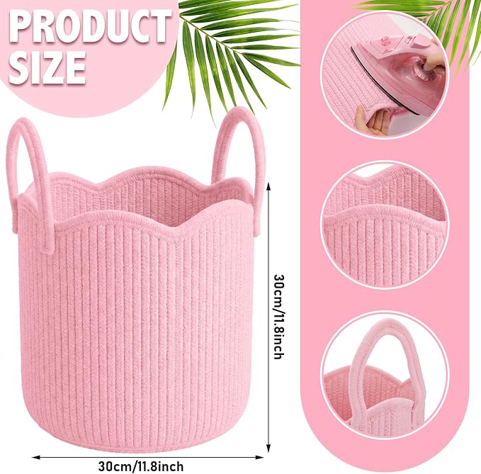 Newtay Pink Scalloped Woven Blanket Basket 12" x 12" x 12" Cotton Rope Laundry Basket Hamper Cute Round Decorative Storage Bin with Handles for Baby Nursery Living Room Bedroom Bathroom