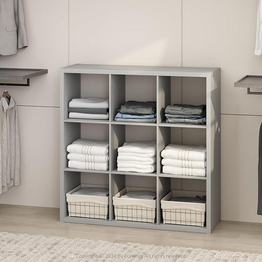 Furinno Cubic Extra Thick 9-Cube Closet Organizers and Storage, Light Grey | 14.6 x 44 x 44 in, Open Shelf Closet Storage, Closet Organizer, for Wardrobe, Bedroom, Living Room