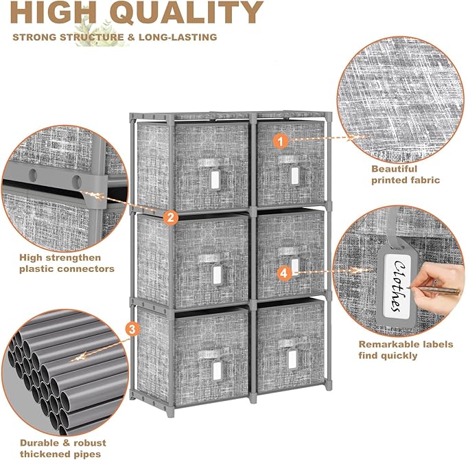 Cube Storage Organizer Shelf + 6 Bins + Labels | Adjustable Modular Cubby Organizer, Beautiful Printed Storage Shelf, Large Capacity, Living Room, Dorm, Yarn