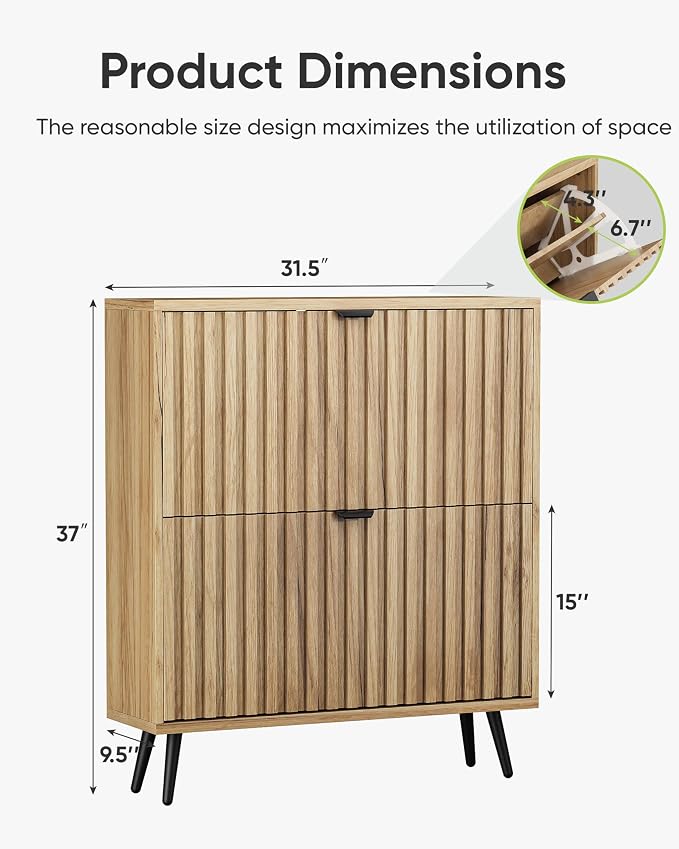 Shoe Storage Cabinet, Fluted Shoe Cabinet Storage for Entryway, Hidden Shoe Cabinet with Metal Legs,Shoe Organizer Cabinet with Flip Doors, Slim Entryway Shoe Storage Cabinet, Natural Wood-31.5in