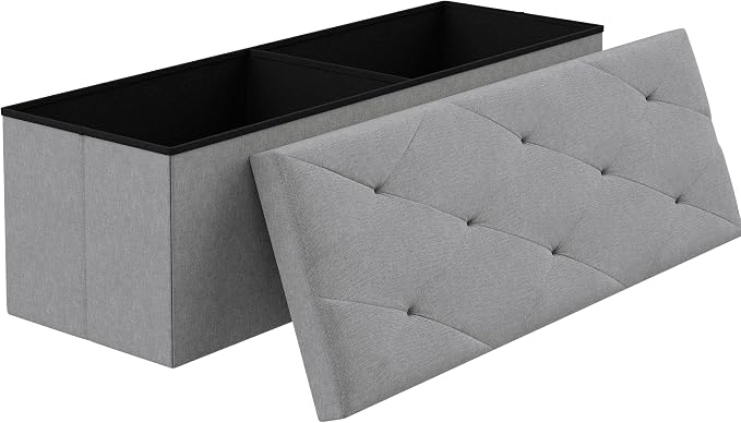 VECELO 43'' Folding Storage Ottoman Bench, Storage Chest, Linen Fabric Foot Rest Stool, 158L Storage Footstools for Bedroom and Living Room, Holds up to 660 lbs, Grey