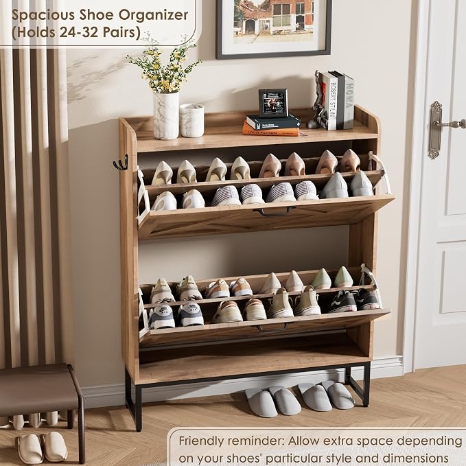 Nicetree Shoe Storage Cabinet with 2 Flip Drawers, Entryway Organizer, Oak | Slim Shoe Cabinet with Metal Legs, Narrow Farmhouse Shoe Organizer for Entryway, Foyer, Hallway, Wood Shoe Rack with Hook