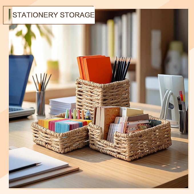 Khaki Paper Rope Woven Desk Organizer Set of 3 Natural Desktop Accessories Pencil Pen Cup Paper Clip Storage and Sticky Note Holder for Women Men Farmhouse Office Home Desktop Table Decor