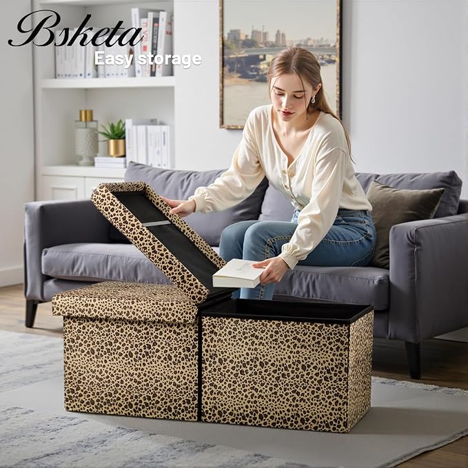 Bsketa Storage Ottoman Bench, 34" Folding Velvet Foot Rest,Leopard Print | Large Ottoman with Storage, Thicker Foam Padded Seat, Livingroom, Dorm, Bedroom, Easy to install, 86L,34 x 13 x 13in