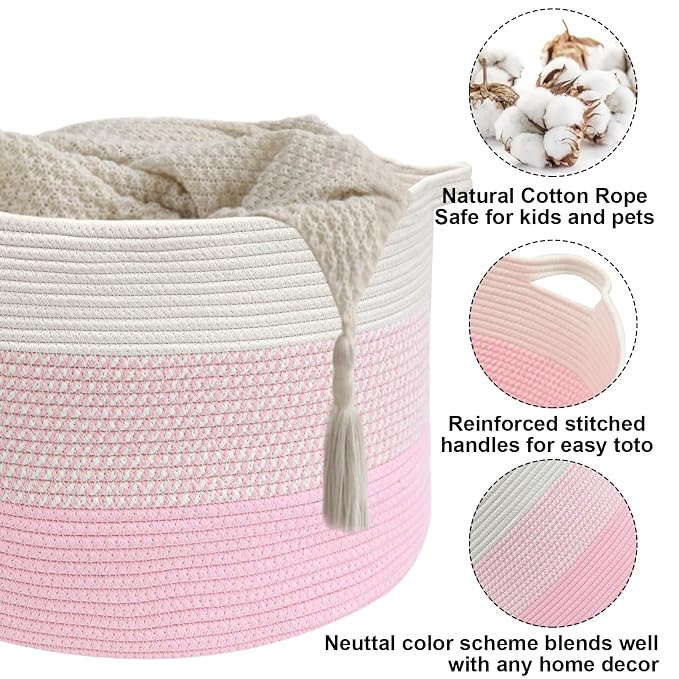 115L Extra Large Blanket Basket,Woven Laundry Basket-Mixed Pink | Collapsible, reinforced handles, nursery storage bin organizes clothes, toys and pillows for living room, bedroom bathroom