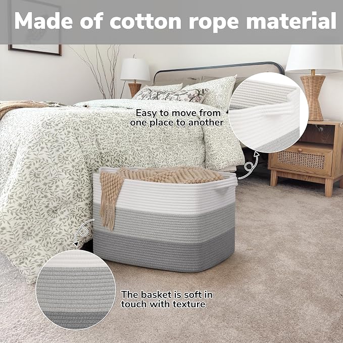 Goodpick 50L Large Woven Blanket Basket, 18" x 14" x 12", Gradient Gray | Blankets, Toys & Nursery Essentials Storage, Living Room & Bedroom Organization, Built-In Handles, Modern Home Decor