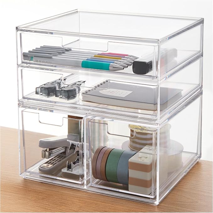 STORi Stackable Desk Organizer Drawers, Clear Pen Pencil Makeup Brush Holder for Desktops and Vanities, 4 Multi-size Drawers (Made in USA)
