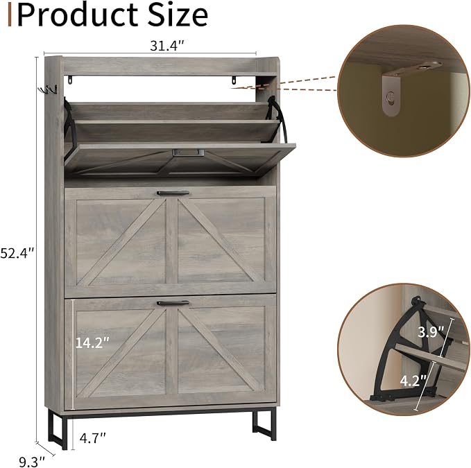 Shoe Cabinet with 3 Flip Drawers, Freestanding Hidden Shoe Storage Organizer for Entryway, Narrow Slim Shoe Rack Cabinet with Open Storage & Hooks for Front Door Entrance, Living Room, Hallway, Grey