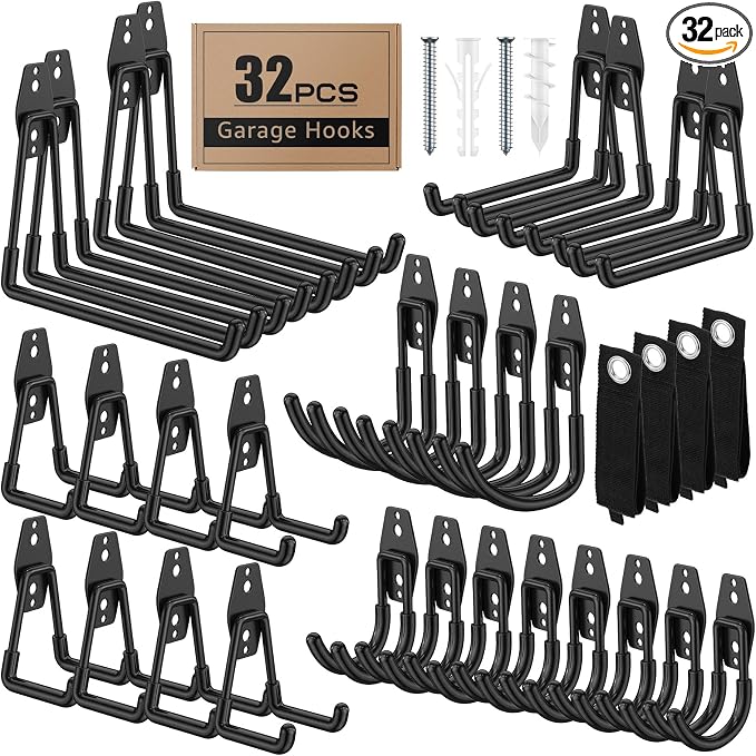 32-Pack Heavy Duty Wall Mount Garage Hooks | Hanging Storage For Ladders, Hoses, Bikes, Garden Tools, Ropes; For Yard, Warehouse, Workshop, Shed, Shop